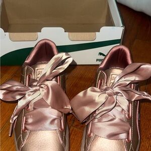 Puma Rose Gold Basket Heart Sneakers with Satin Ribbon Laces